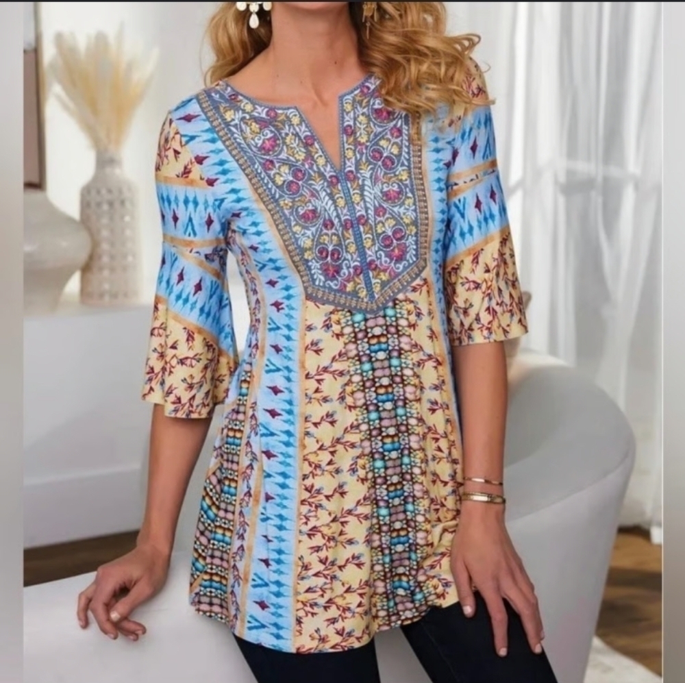 Soft Surroundings Embroidered Bib Bell Sleeve Stretch Jersey Fifi Tunic Sz L